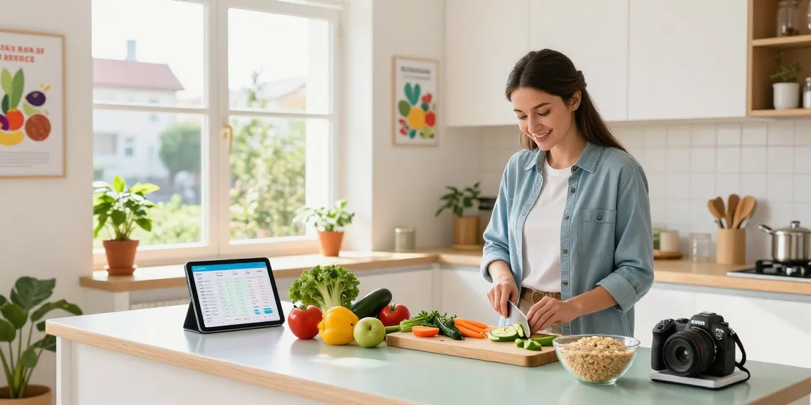 Nutritionist demonstrating healthy meal prep using the best calorie tracker in a modern kitchen.