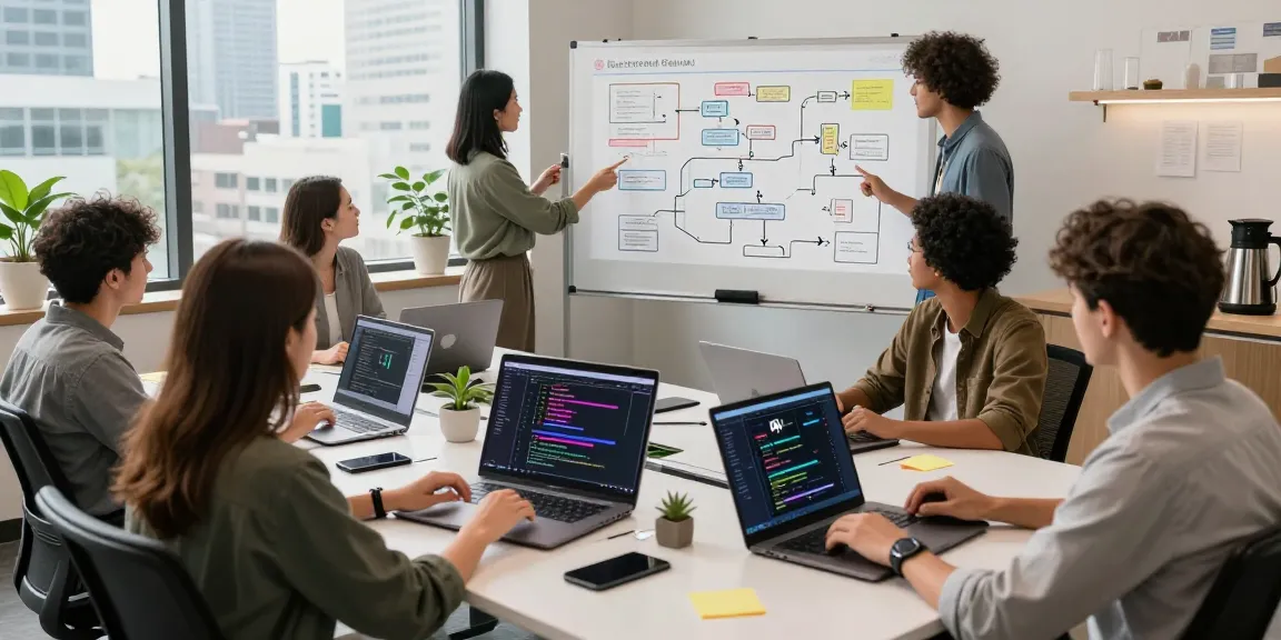 A collaborative AI software development team at https://berita.akasta.ac.id/ brainstorming innovative technologies in a vibrant workspace.