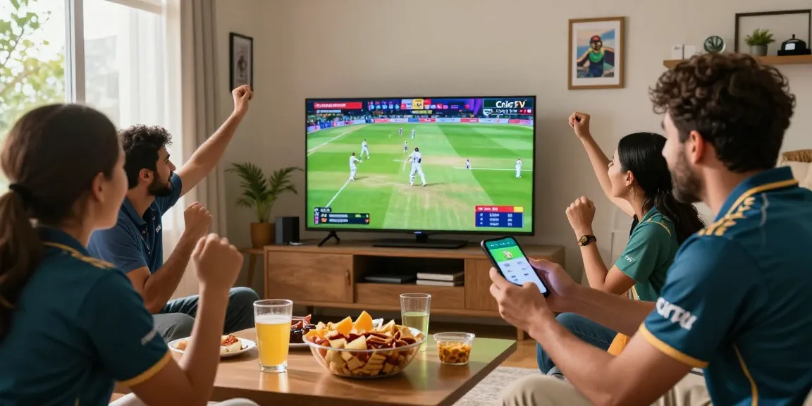 Excited cricket fan enjoying live CricFy TV streaming during a match day with friends.
