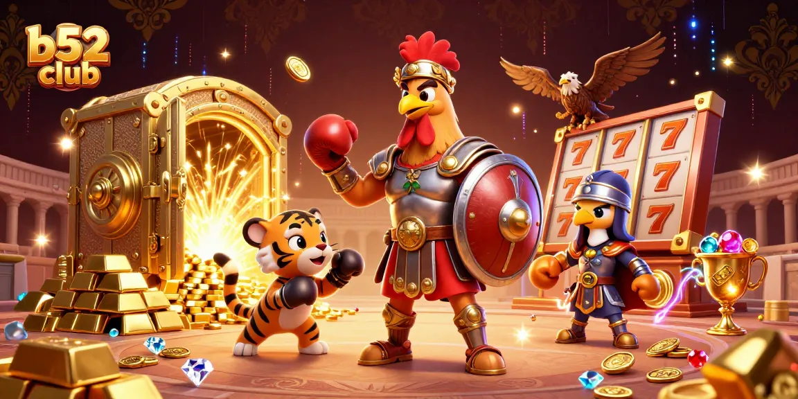 Experience the thrilling b52 club casino scene with a gladiator rooster, treasure, and thrilling games.