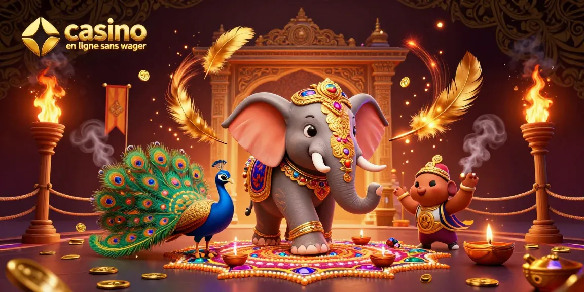 Plongez dans l'univers du casino en ligne sans wager avec une illustration captivante d'un éléphant coloré et un paon flamboyant, entourés de jeux d'argent.