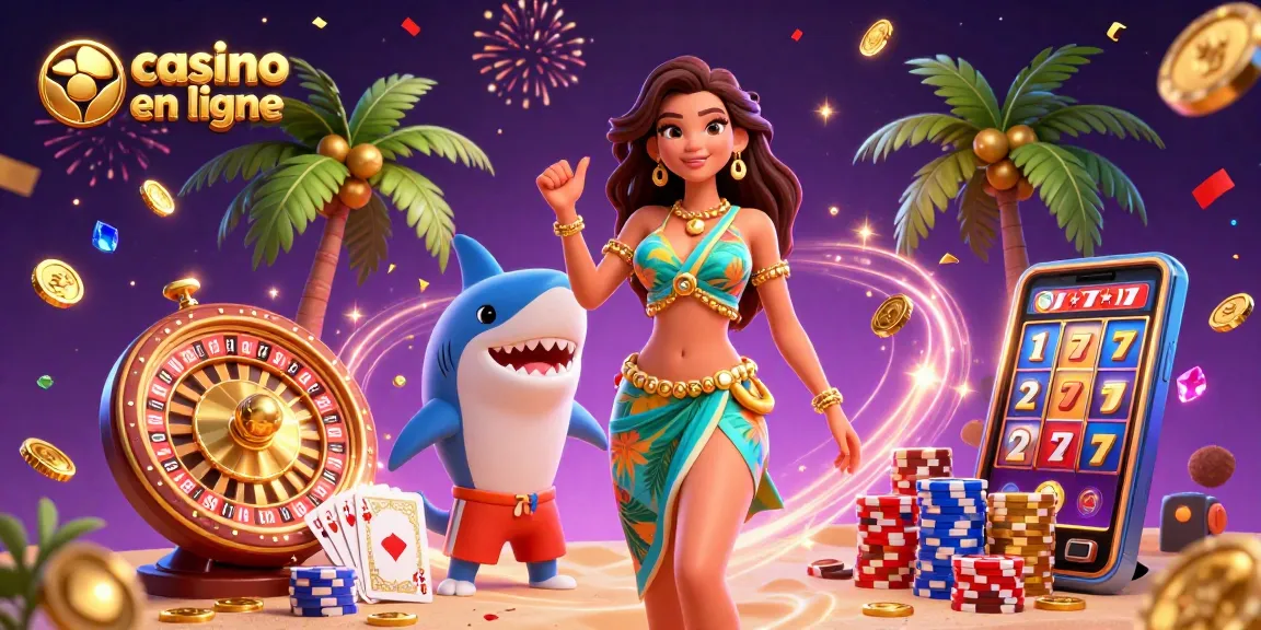 Scène animée mettant en avant un casino en ligne avec une femme glamour, un requin surfeur et des éléments de jeu.