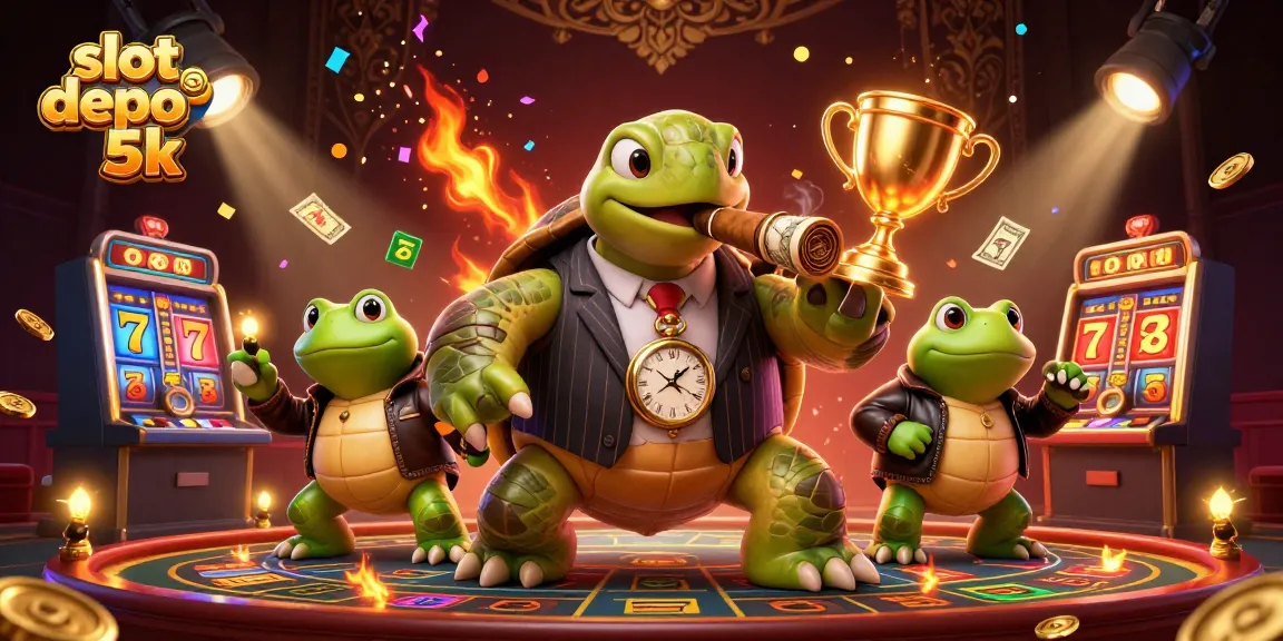 Experience thrilling spins at slot depo 5k with a fun cartoon turtle and frog characters in a lively casino