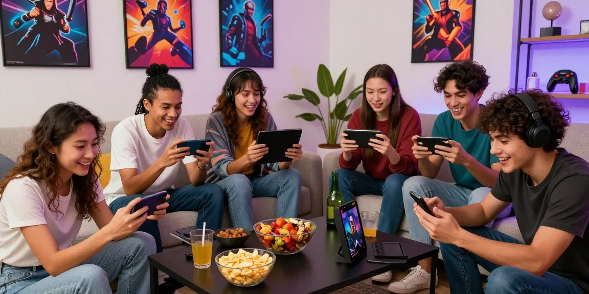Friends enjoying gaming on indo cair platform with smartphones and tablets in a cozy living room.