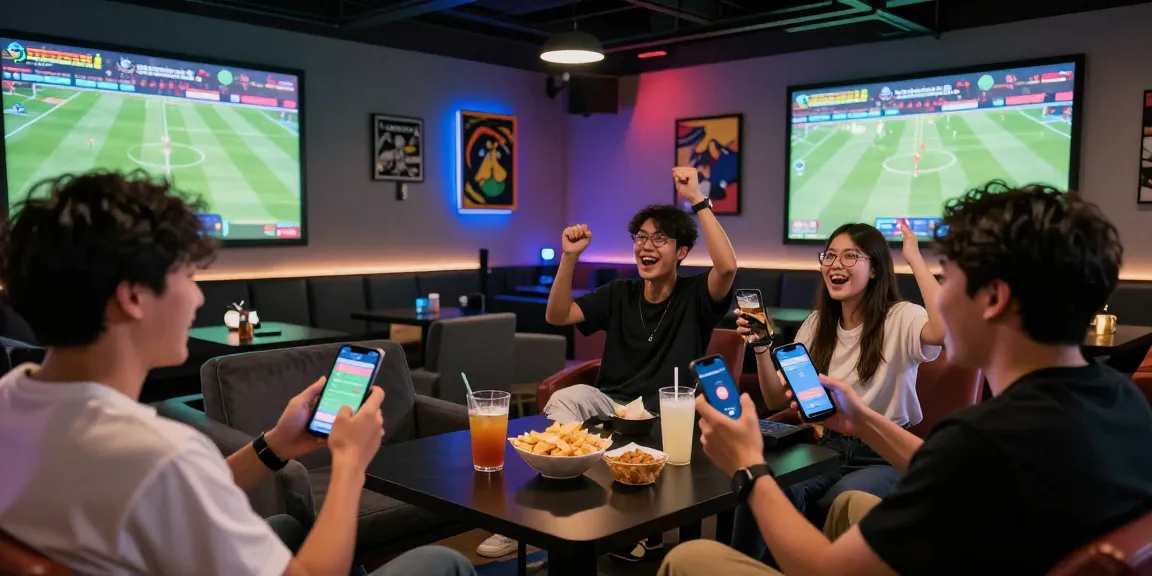 Friends enjoying 토토사이트 betting in a vibrant gaming lounge with live sports atmosphere.