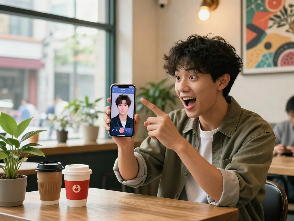 Excited young person discovering their celebrity look alike using a mobile app at a trendy café.