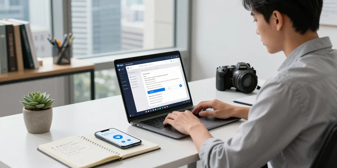 Registering Telegram in China, tech-savvy workspace with laptop and apps.