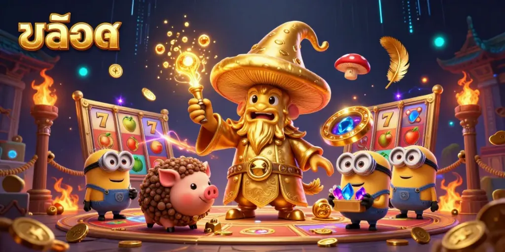 Experience thrilling สล็อต action with a magical wizard and treasure-hunting pig in a dynamic casino scene.
