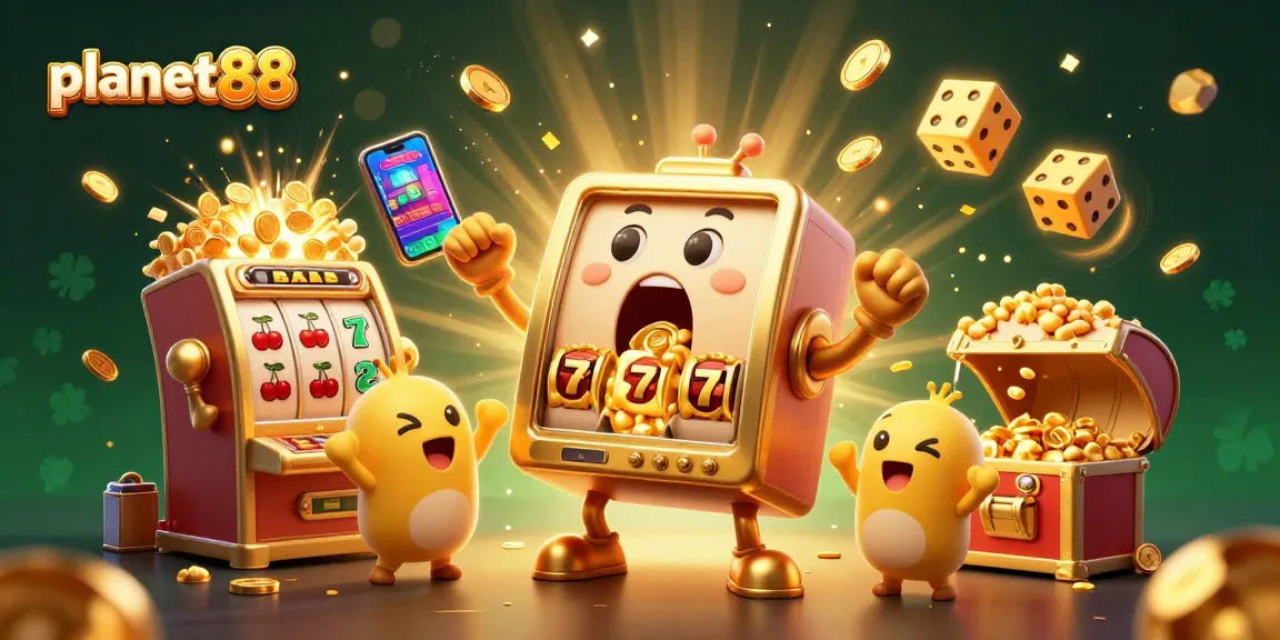 Experience the excitement of planet88 with a joyous slot machine celebrating a jackpot, surrounded by festive casino elements.