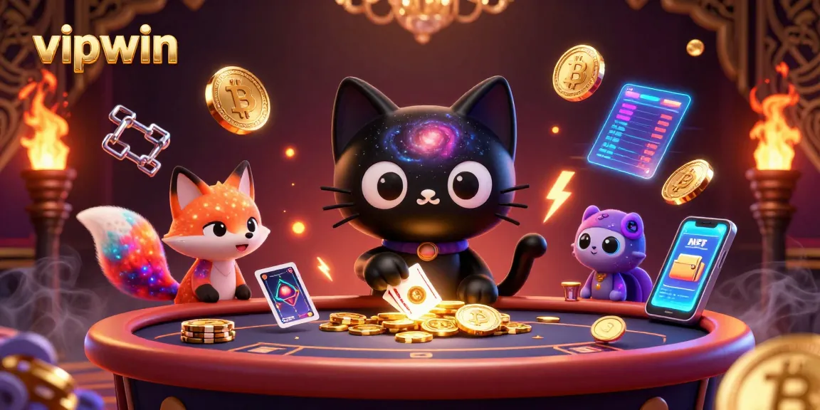 Engage in thrilling wins at vipwin with a cosmic casino scene blending vibrant 3D characters and cryptocurrency elements.