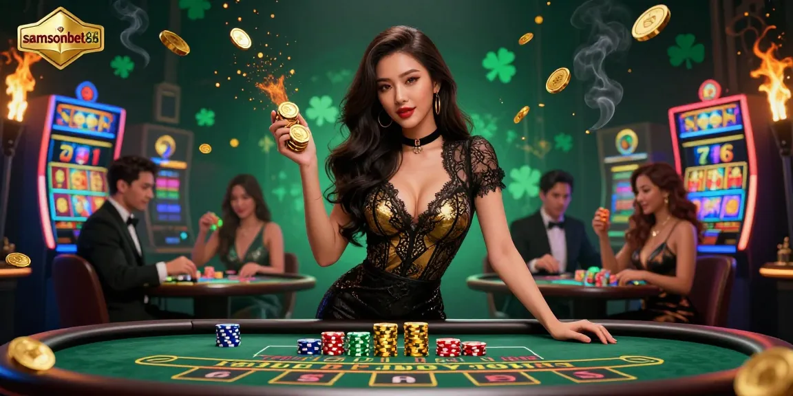 Experience the thrill of gaming with samsonbet86 at a luxurious VIP baccarat table surrounded by slot machines.