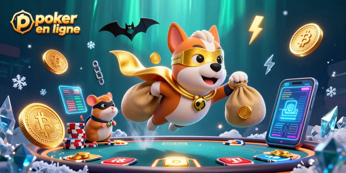 Jouez au poker en ligne avec des personnages amusants, pièces et éléments de jeu colorés en arrière-plan.