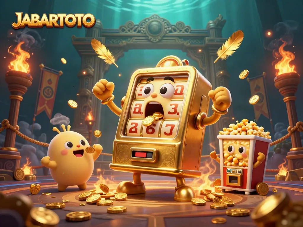 Mesin slot JABARTOTO merayakan jackpot dengan koin berjatuhan, menciptakan suasana kasino yang meriah.