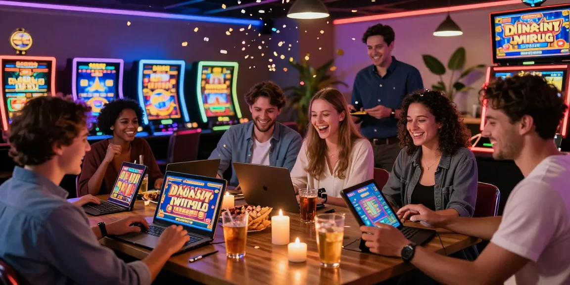 Exciting group gaming scene featuring สล็อต ทรู with friends celebrating wins in a vibrant digital casino.