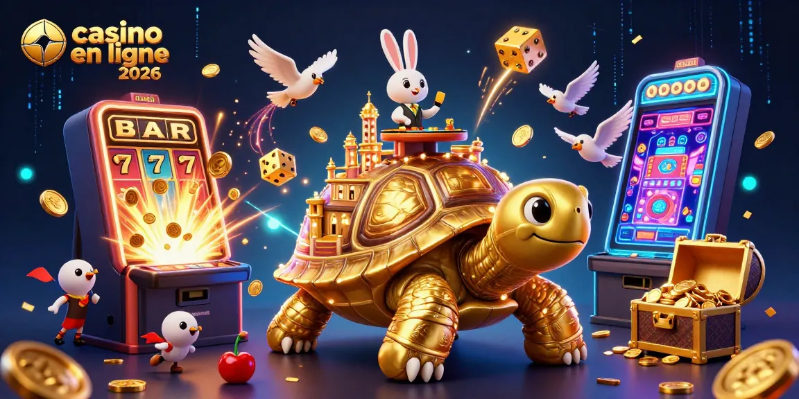 Gagnez avec le casino en ligne 2026 grâce à une tortue d'or et un croupier lapin dans une scène animée.