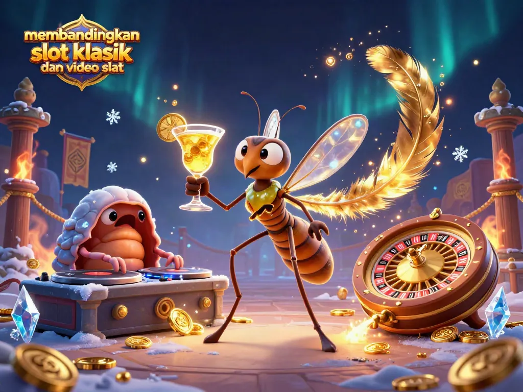 Membandingkan slot klasik dan video slot dengan karakter kasino kartun dalam ilustrasi 3D yang menakjubkan, menampilkan elemen permainan yang dinamis.