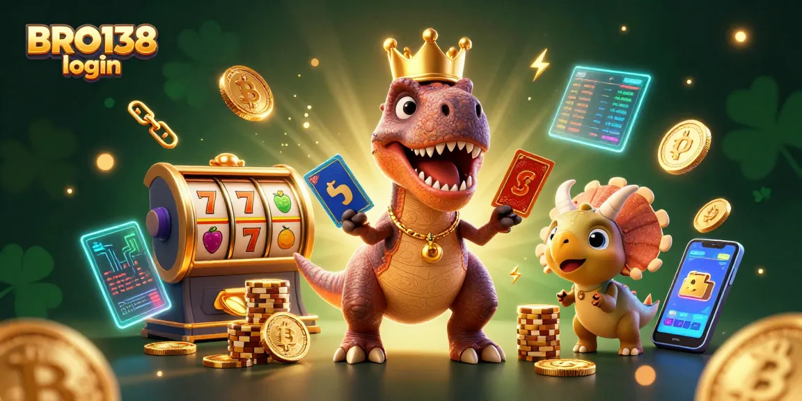 Join the fun with BRO138 login as a T-Rex shuffles cards amidst gold chips and crypto coins.