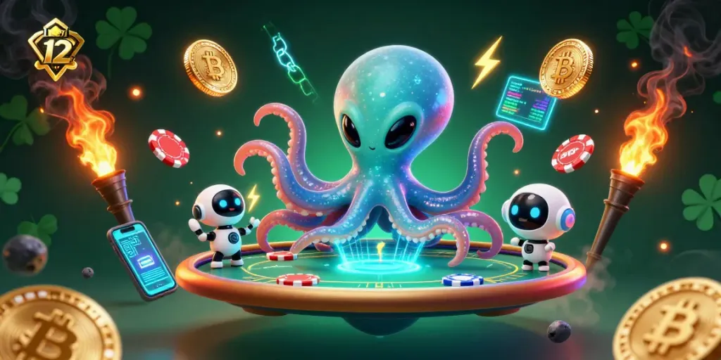 Menghasilkan kemenangan besar dengan permainan kasino di luxury 12, menampilkan karakter alien kartun dan elemen crypto.