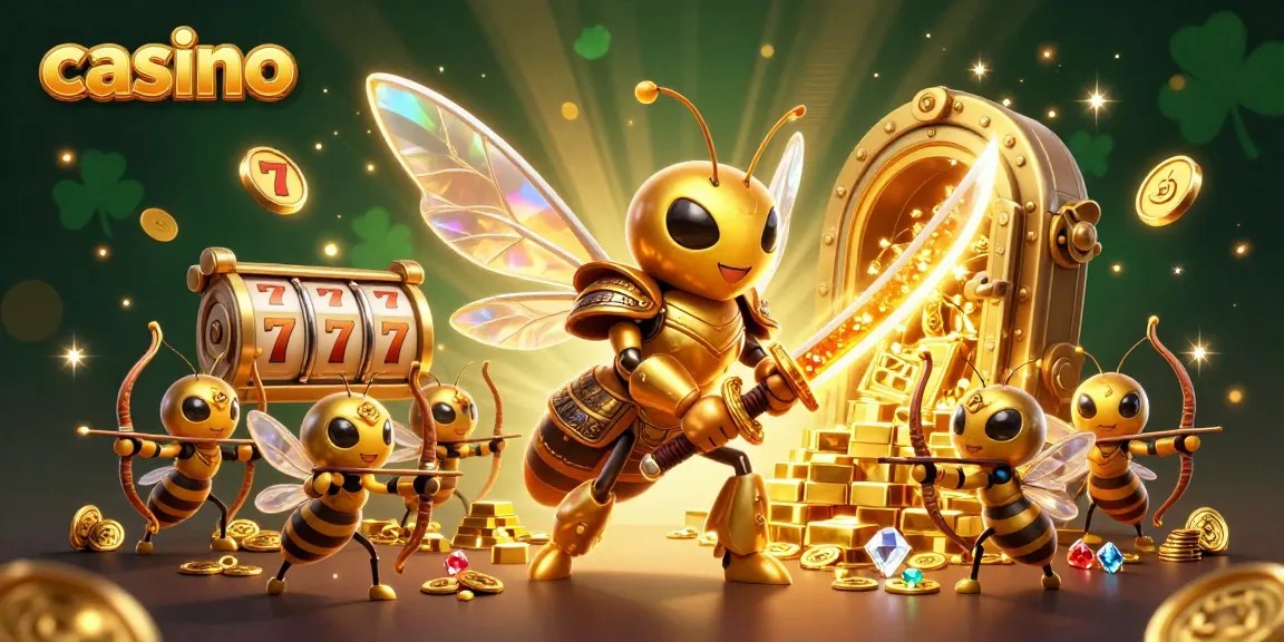 Engage with a vibrant casino scene showcasing a golden hornet samurai and bee archers amidst slot reels and treasures.