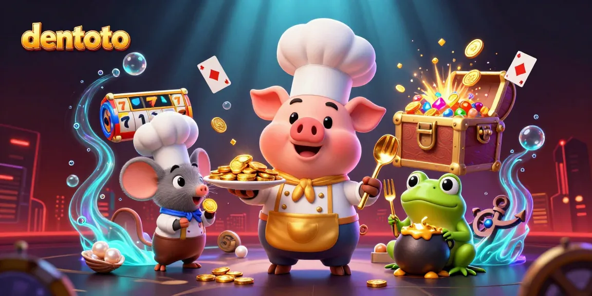 Experience fun gaming action with dentoto as cartoon chef pig serves gold coins, sparkling slots around!