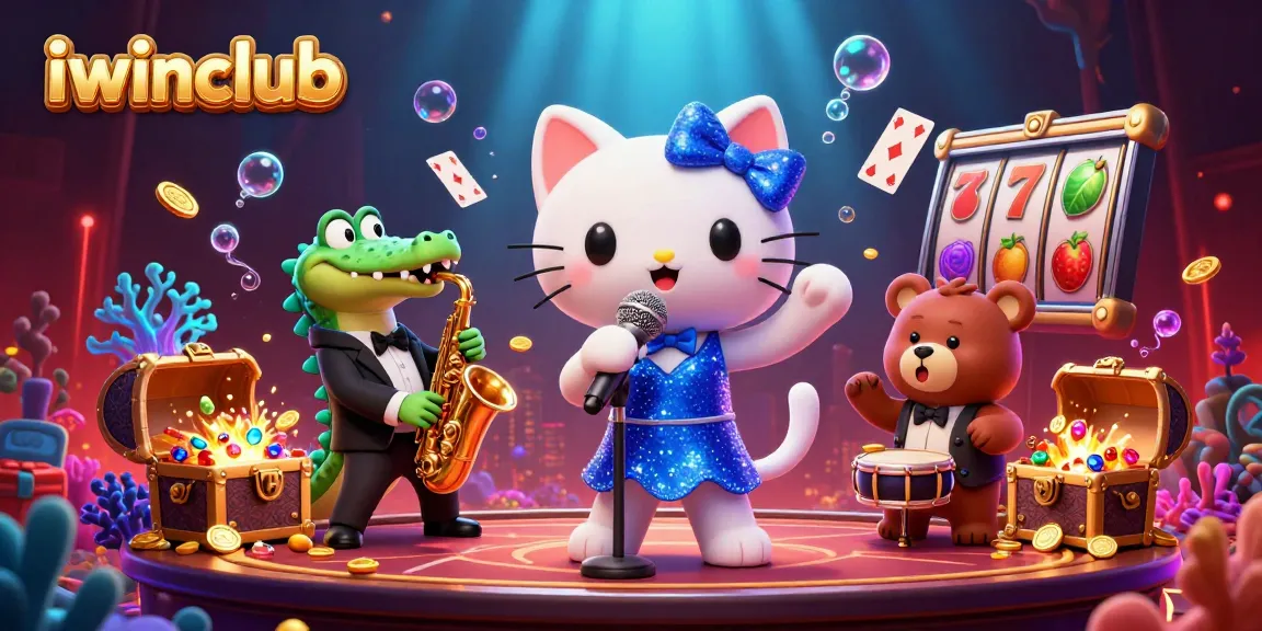 Join the fun at iwinclub with vibrant gaming elements surrounding animated characters.
