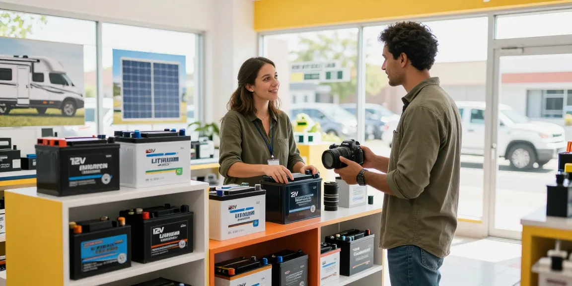 Explore a range of 12V Lithium Batteries in a vibrant retail space with customer service interaction.