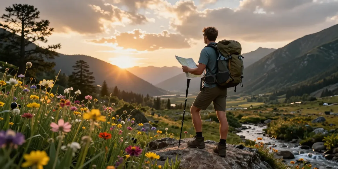 Nathan Garries exploring a sunset mountain vista with a backpack and map in hand