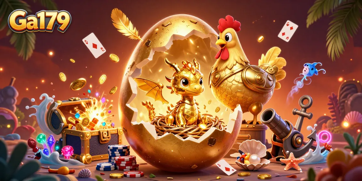 Experience thrilling gameplay at Ga179 with the golden dragon guarding poker chips amidst treasure and excitement.