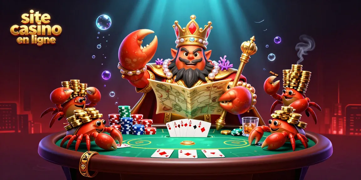 Illustration dynamique mettant en avant un site casino en ligne animé avec un crabe empereur et des éléments de poker