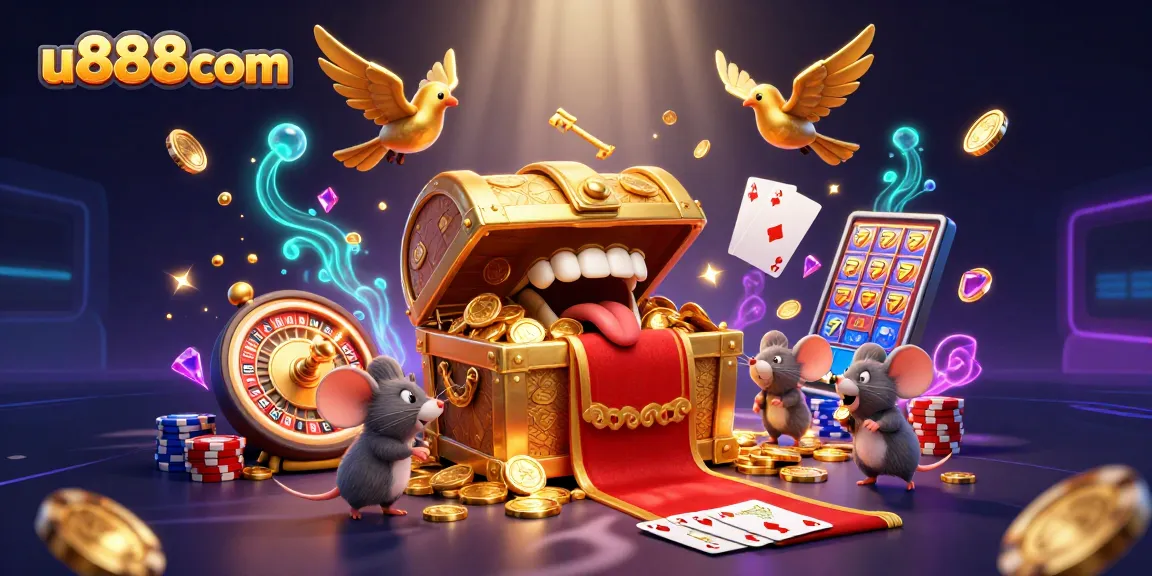 Win big at u888com with exciting casino games and animated treasures in a vibrant scene.
