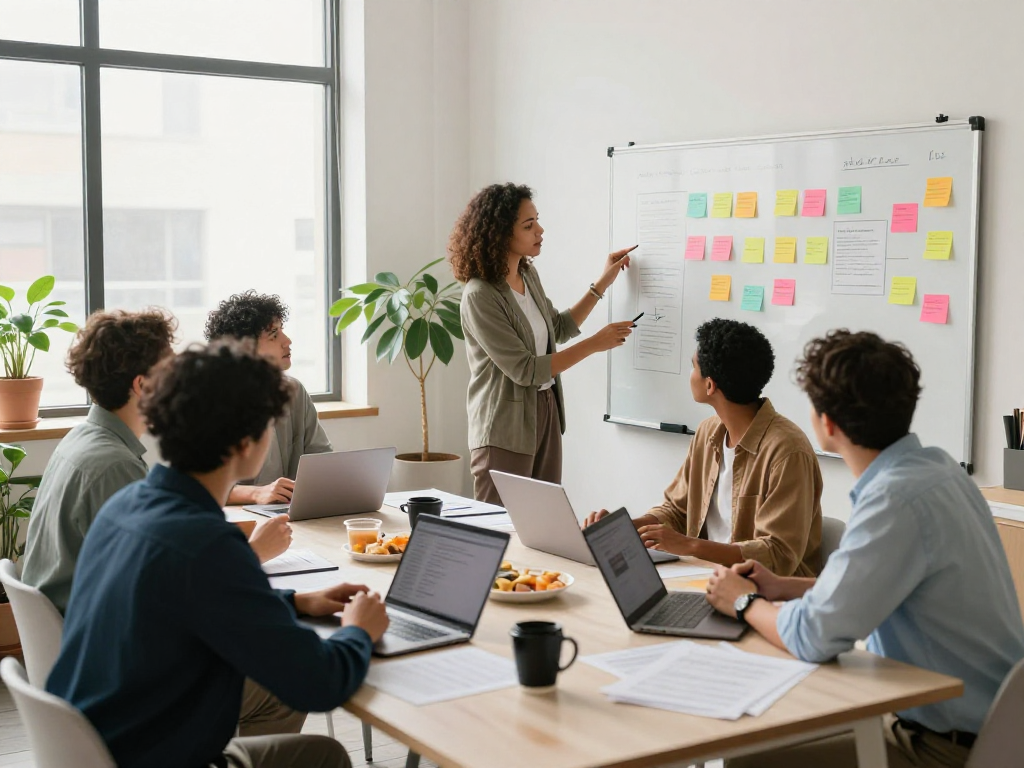 Collaborative workspace at https://koperasisantun.com/ with diverse individuals brainstorming and sharing ideas.