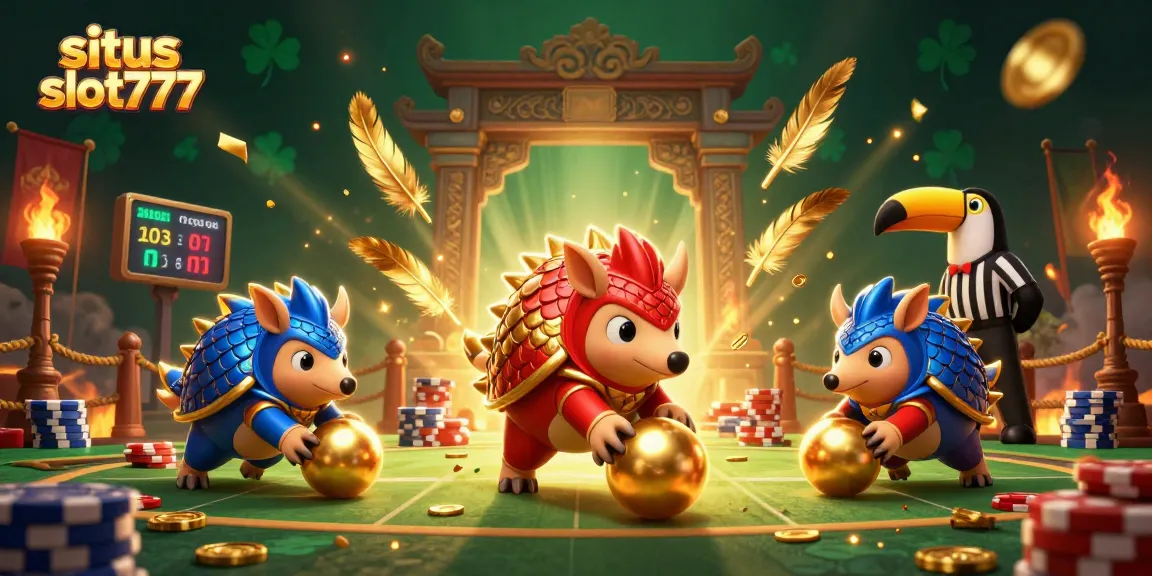 Situs slot777 showcases rival pangolins in a dynamic casino-themed clash with poker chips and golden coins.