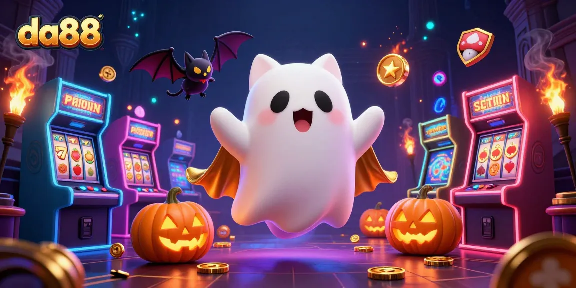 Win jackpots at da88 with a ghost cat and vampire bat in a haunted casino.