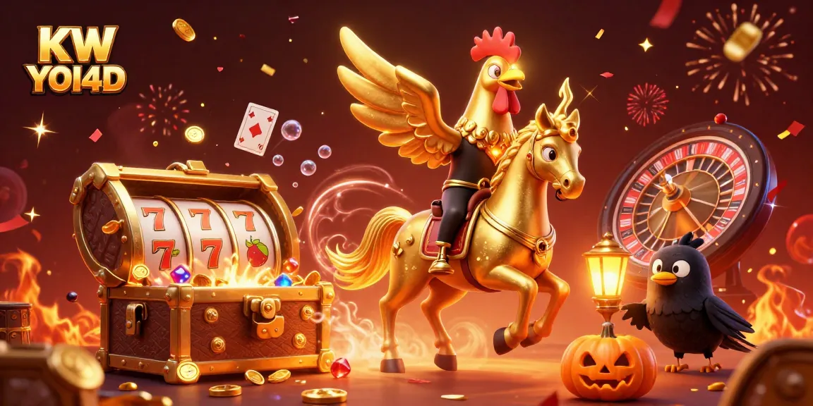 Permainan slot di KW YOI4D yang menampilkan ayam jantan emas dan perayaan mewah di kasino.