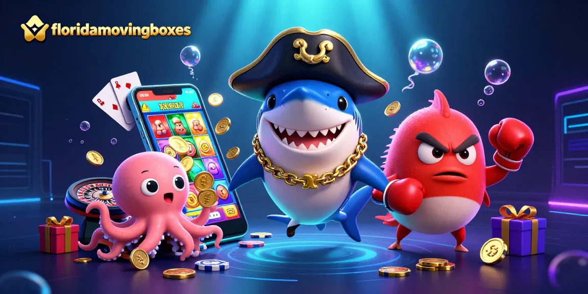 Win big with floridamovingboxes as a dynamic shark, pufferfish and octopus celebrate in an underwater casino.
