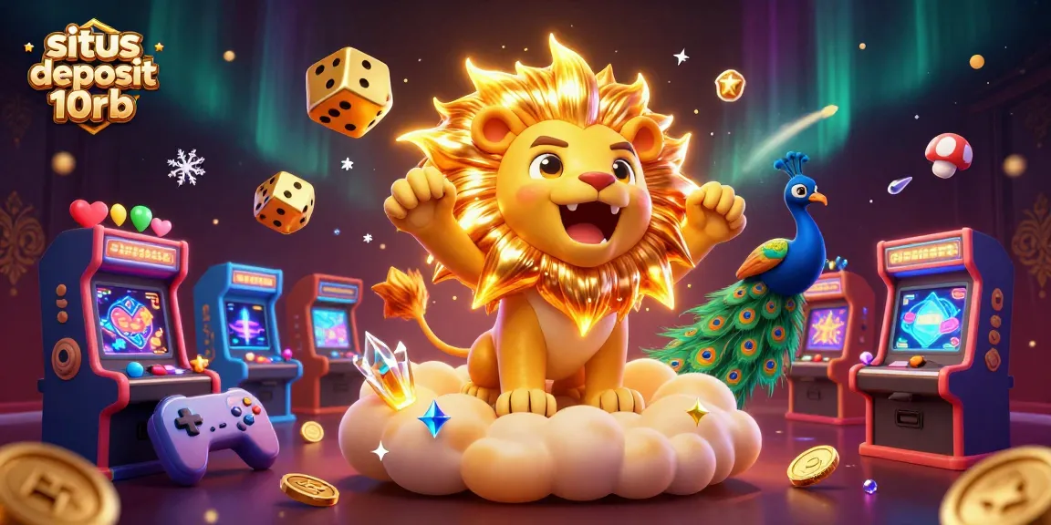 Engage in thrilling gameplay at situs deposit 10rb with vibrant 3D animated casino elements featuring a roaring lion and cosmic dice.
