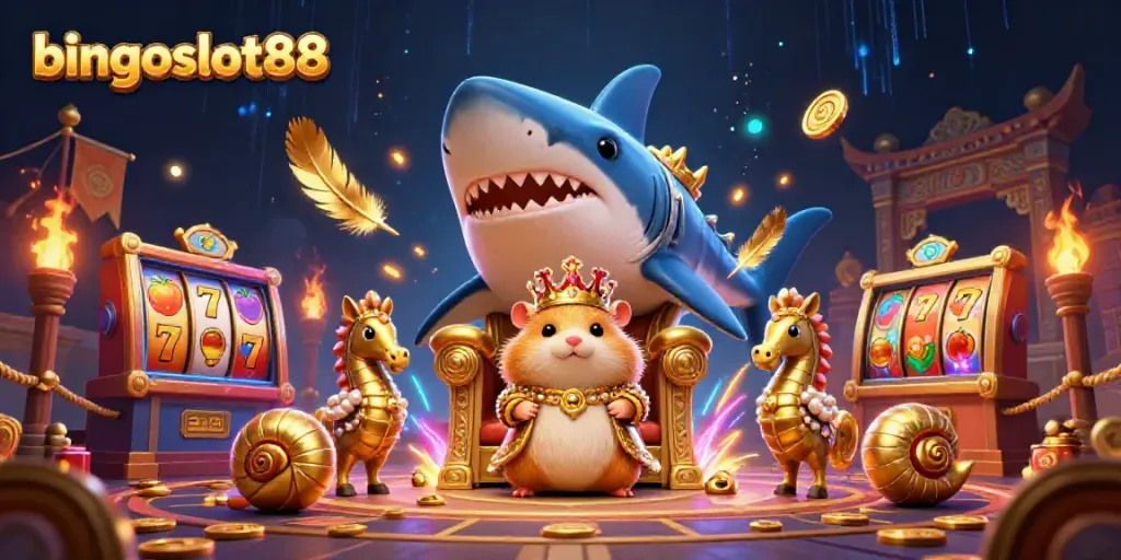 Gali keseruan bingoslot88 dengan raja hamster emas di mahkota coral, dikelilingi slot dan koin emas.