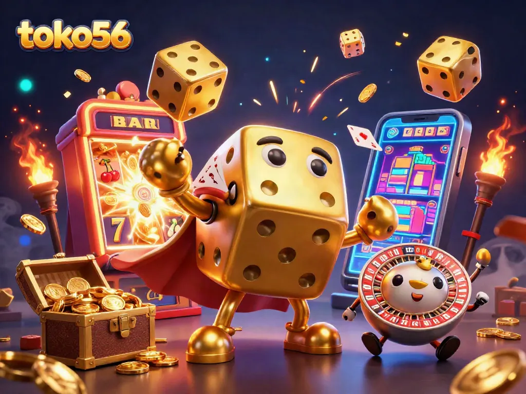 Toko56 menikmati keseruan bermain slot dengan karakter dadu emas dan simbol keberuntungan.