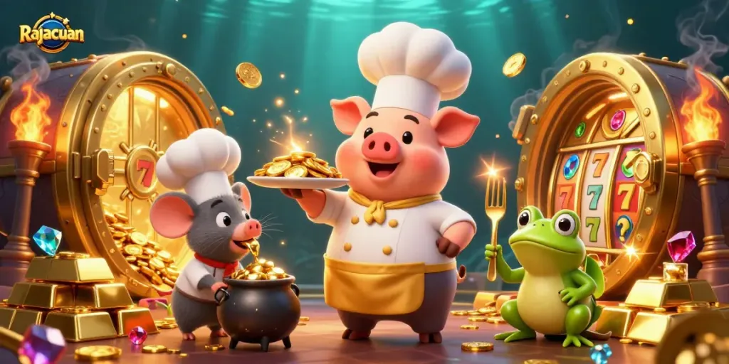 Rajacuan creates excitement with a chef pig serving gold coins amidst vibrant slot elements.