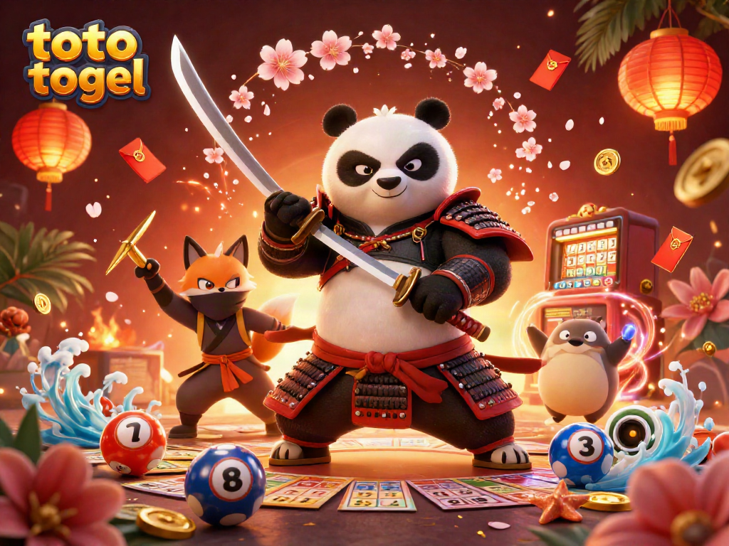 Engage with toto togel through a vibrant illustration featuring a samurai panda, ninja fox, and lottery elements.