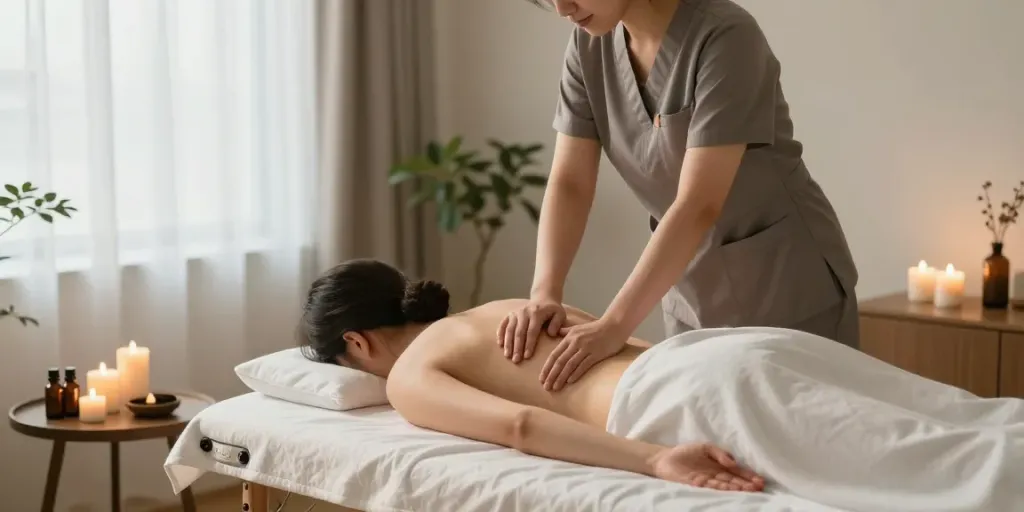 서울출장마안마 session with a therapist providing relaxation and comfort in a serene home environment.