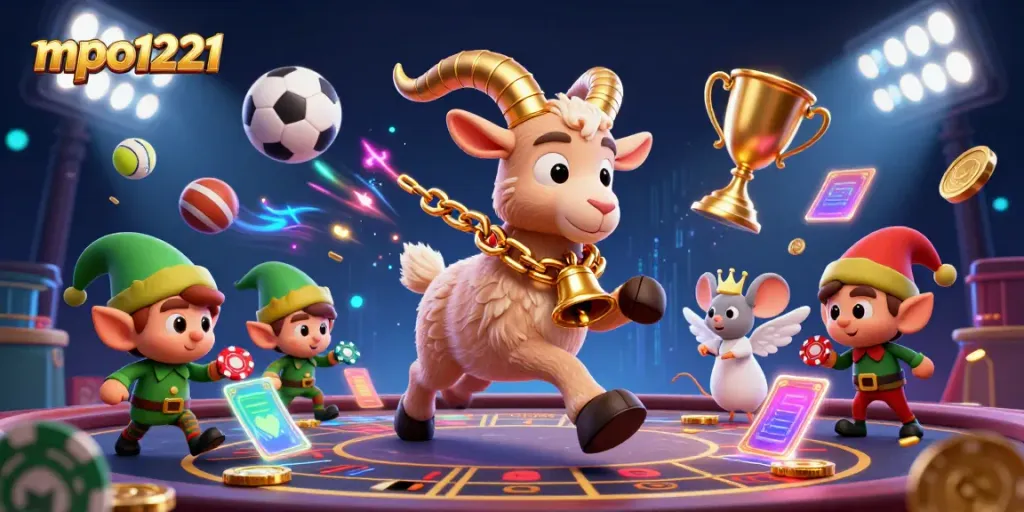 The Krampus goat at mpo1221 oversees holiday casino chaos with playful elf gremlins and an angel mouse, vibrant 3D illustration.