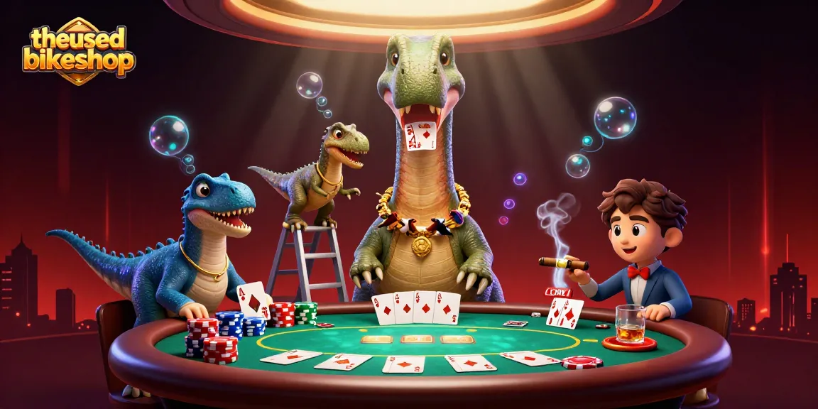 Permainan judi menampilkan brontosaurus di kasino dengan chip poker, menciptakan momen seru di theusedbikeshop.