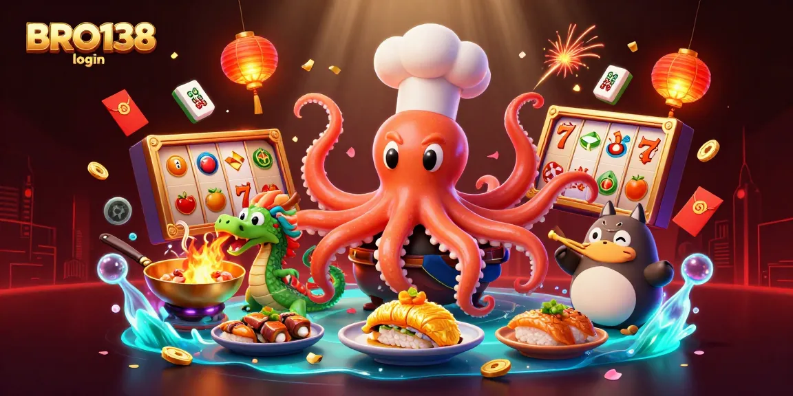 Experience the exciting BRO138 login with a vibrant casino-themed illustration filled with dynamic game elements.