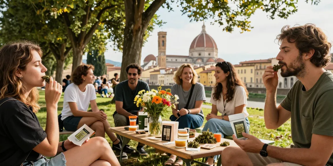 Explore where to buy top shelf cannabis in Florence, Italy, with friends enjoying cannabis products in a park.