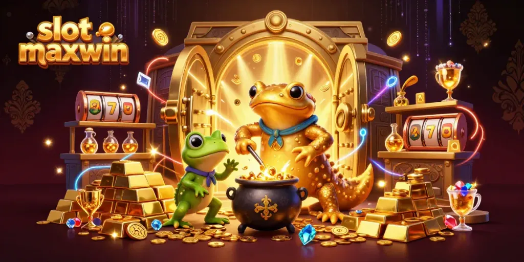 Spin the reels in a vibrant scene showcasing the magic of slot maxwin with treasure and alchemical wonders.