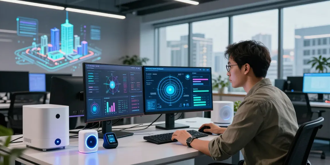 What are the components of IoT visualized in an innovative tech workspace with smart devices and real-time analytics.