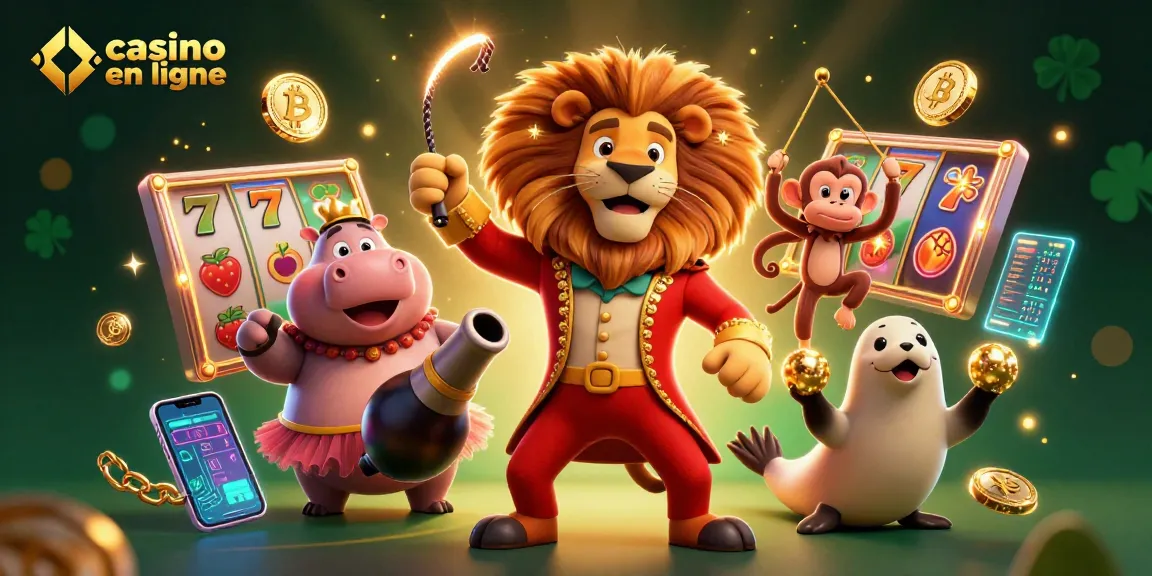 Participez à des jeux de casino en ligne avec une scène de cirque 3D dynamique présentant des personnages colorés et des éléments de jeu vibrants.