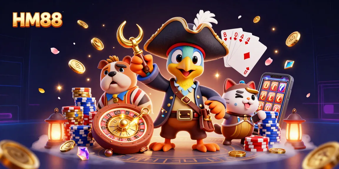 Play exciting games and win at HM88 online casino featuring vibrant characters and casino elements.