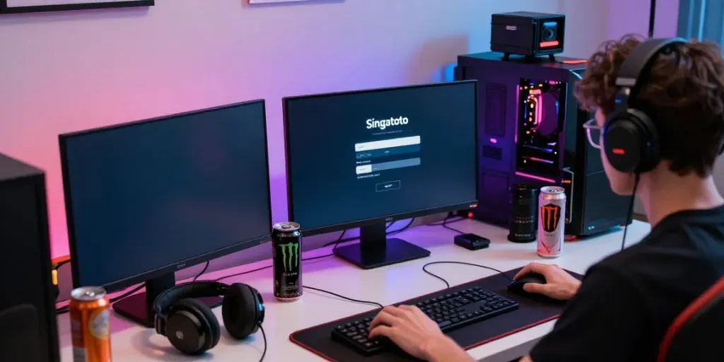 Player engaging with Singatoto login on laptop surrounded by gaming gear.